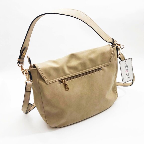 Jen & Co Jess Vegan Stitched Shoulder Bag Faux Suede Tan 15x11x3.5 inches - Picture 2 of 10